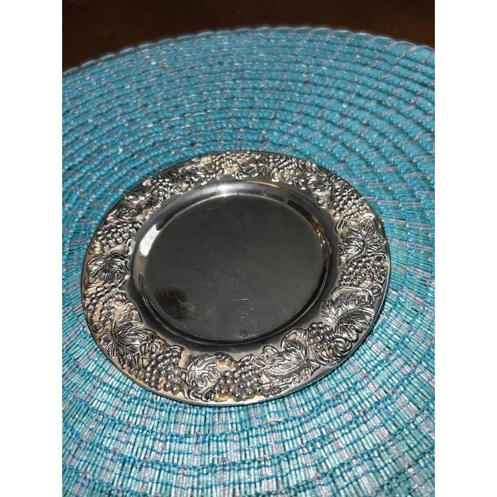 SOLD World Market 5" Grape Repousse Silver Tone Trinket Tray Candle Holder Dish